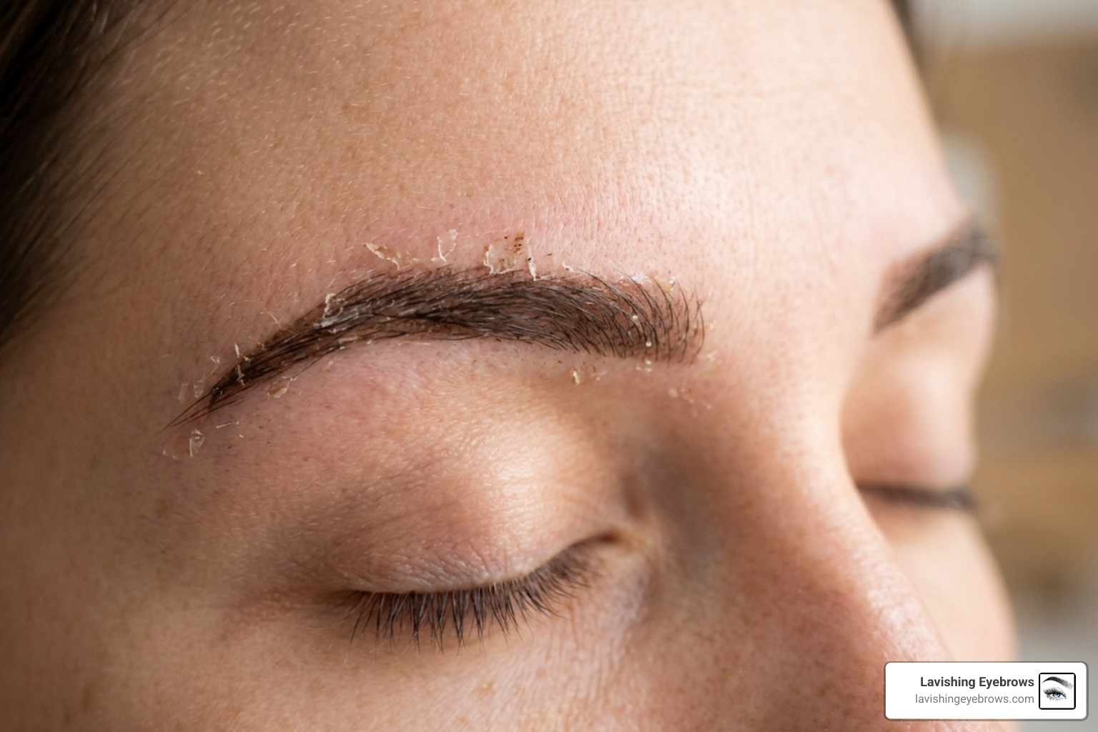 Close up of microbladed eyebrows scabbing and flaking on Day 9 - pictures of microblading healing process week by week