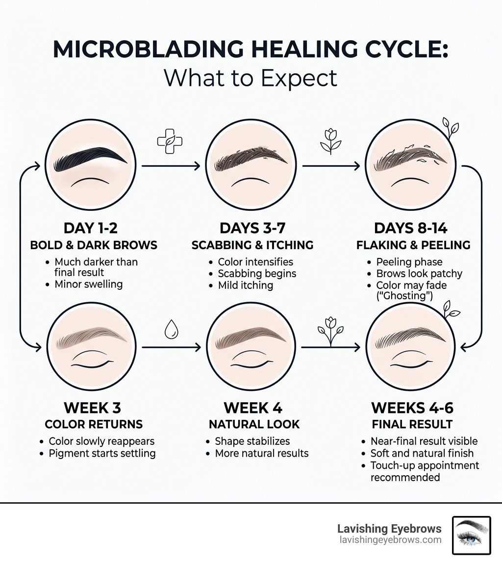 Microblading healing cycle infographic showing stages from Day 1 bold brows to Week 6 final result - pictures of