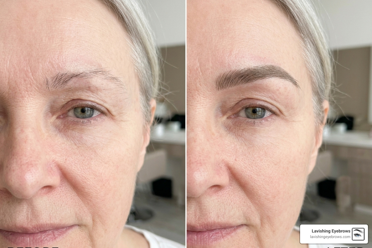 Before and after of a 65-year-old woman showing the restoration of sparse, gray brows with soft Nano strokes - eyebrow
