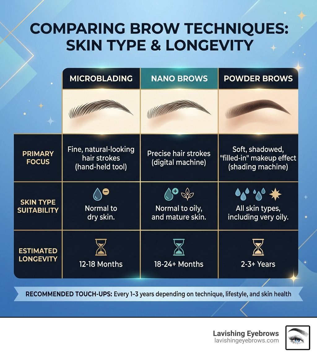 Table comparing Microblading, Nano Brows, and Powder Brows based on skin type and longevity - microblading eyebrows before