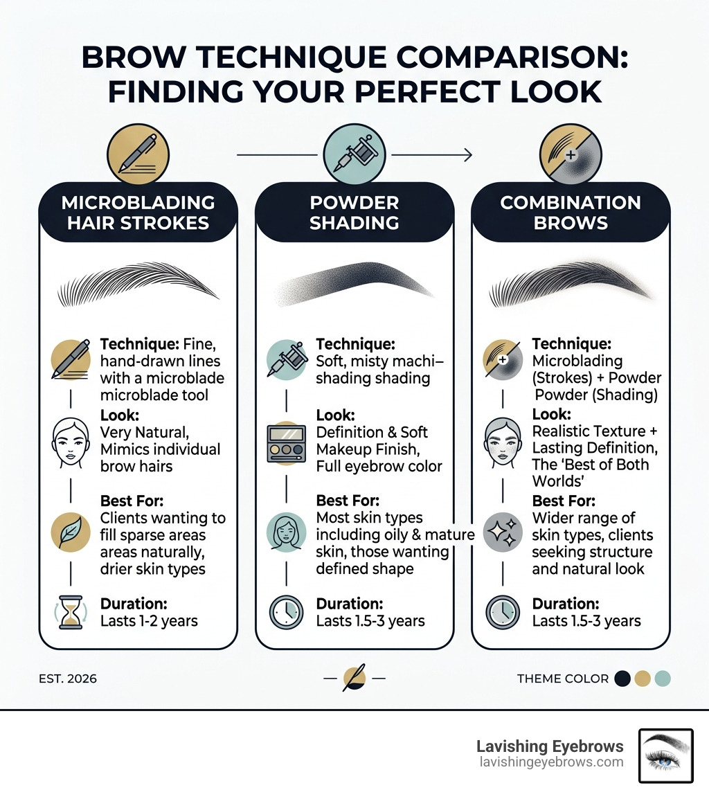 Comparison infographic: microblading hair strokes vs powder shading vs combination brows technique - microblading with