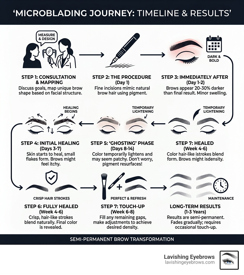 Microblading journey infographic from consultation to healed results with timeline - microblading eyebrows before and after