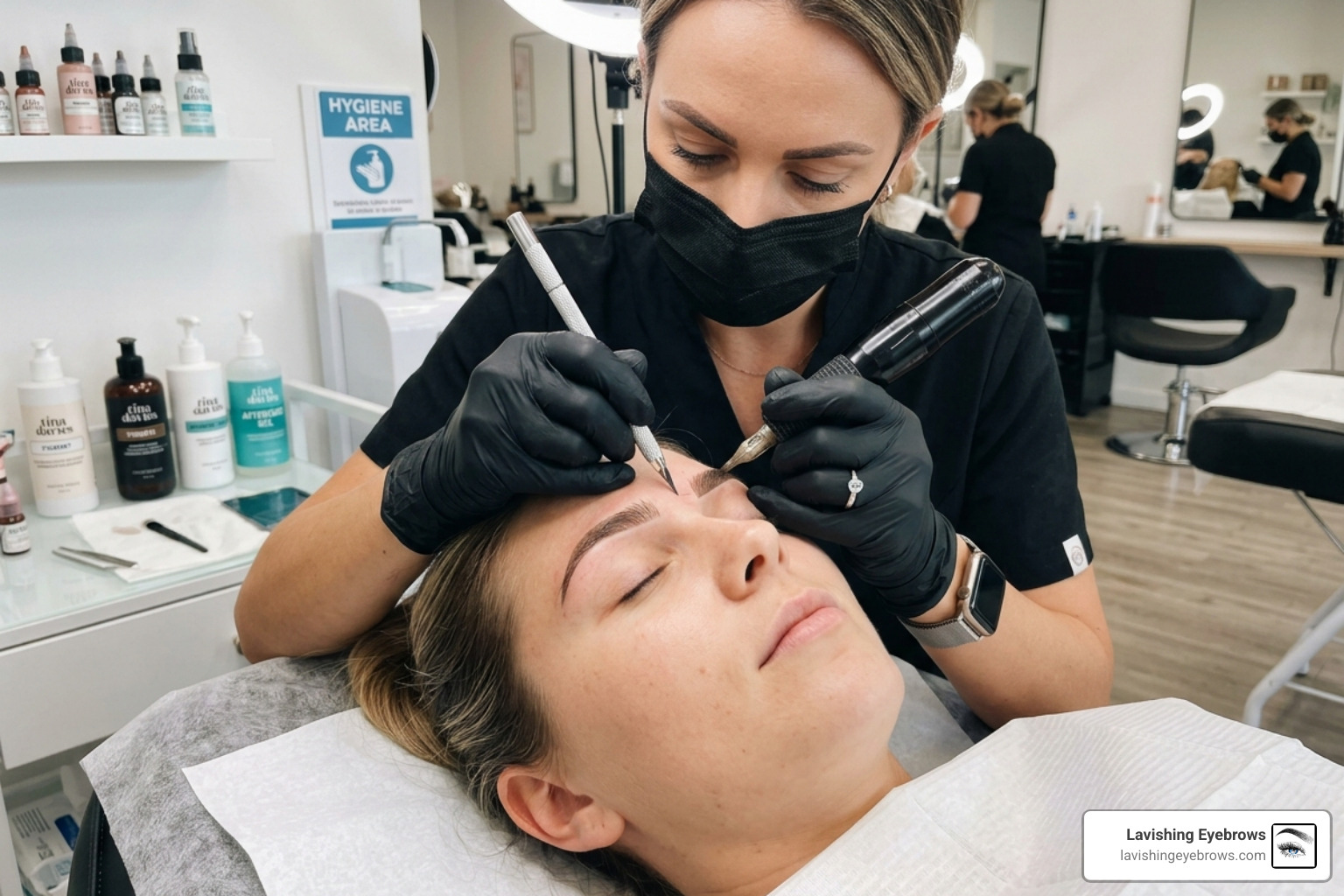 A hybrid brow procedure in progress showing manual strokes and machine shading - microblading with powder