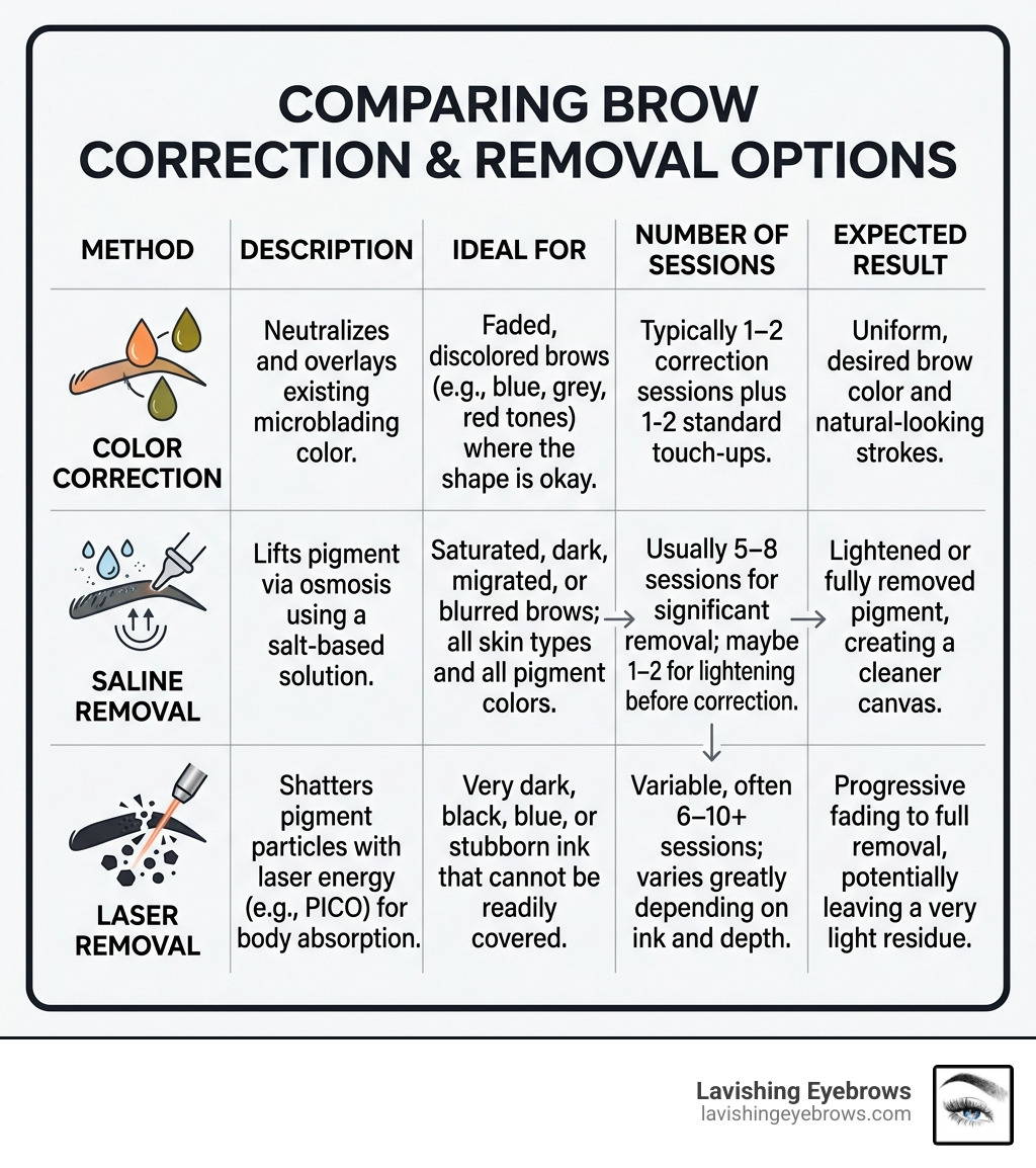 table comparing color correction, saline removal, and laser removal - correction microblading infographic 