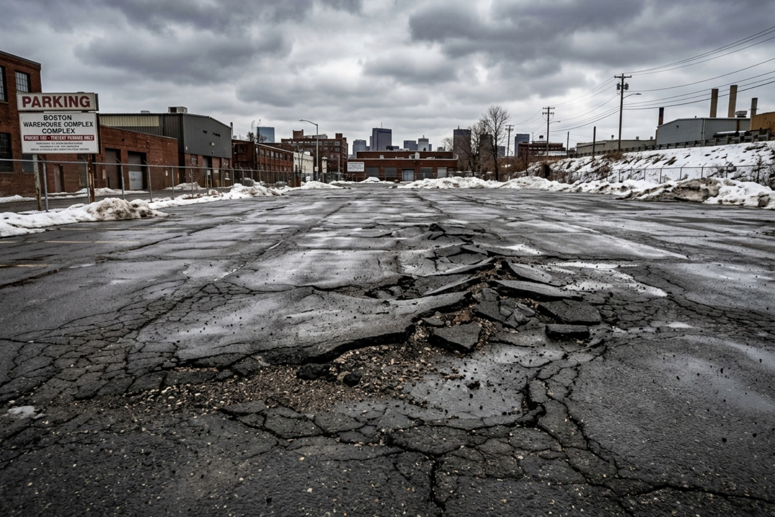 Large commercial parking lot showing frost heaving and thermal cracking after a harsh winter - Boston asphalt paving