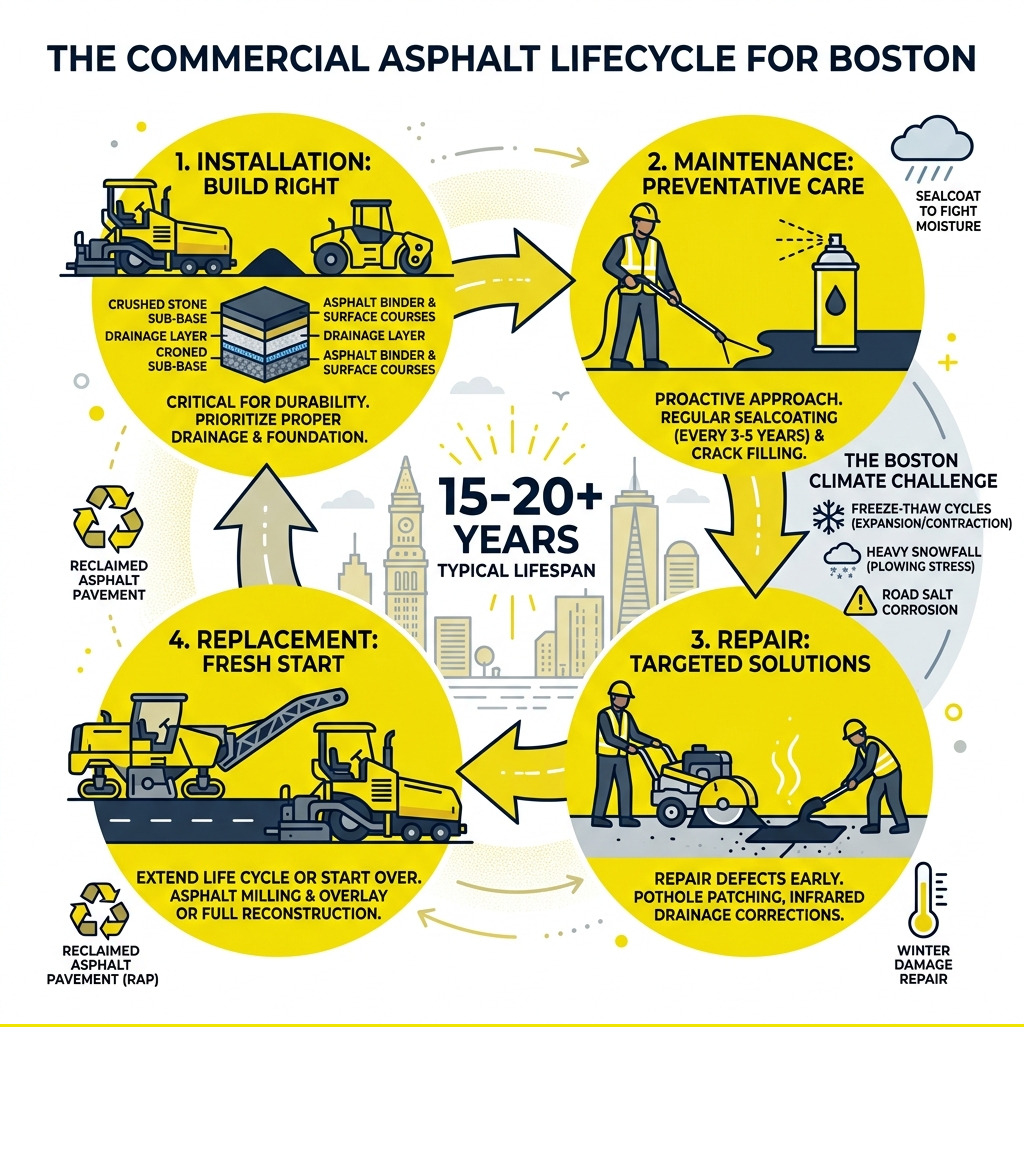 Infographic showing the 4-stage commercial asphalt lifecycle: installation, maintenance, repair, and replacement with Boston