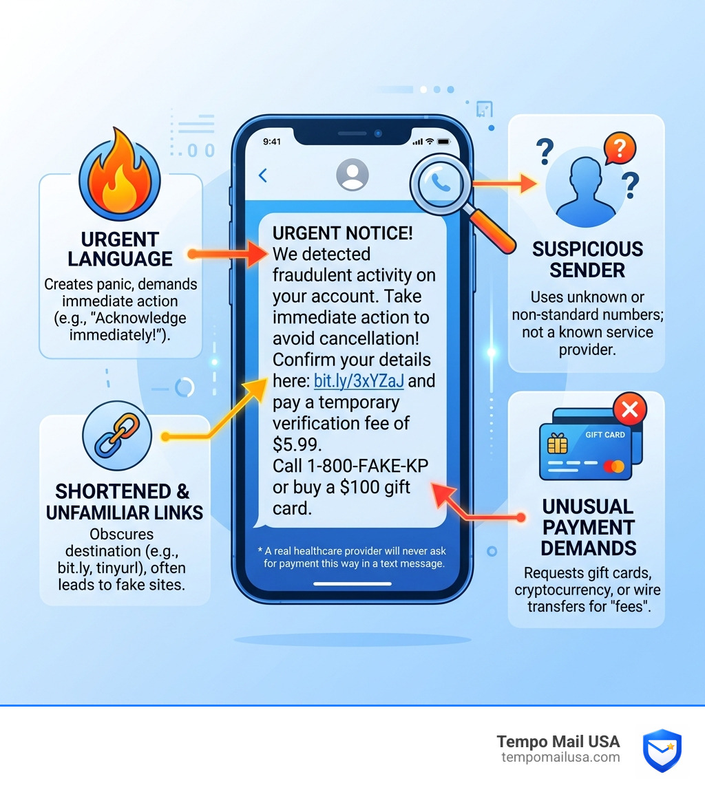 An infographic showing red flags in a text message, like shortened URLs and urgent language - kaiser permanente scam An infographic showing red flags in a text message, like shortened URLs and urgent language - kaiser permanente scam