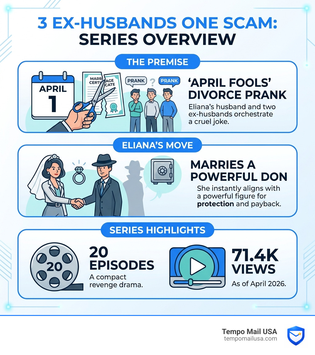 Infographic showing Three Ex Husbands One Scam premise: April Fools divorce prank, Eliana marries Don, 20 episodes, 71.4K Infographic showing Three Ex Husbands One Scam premise: April Fools divorce prank, Eliana marries Don, 20 episodes, 71.4K