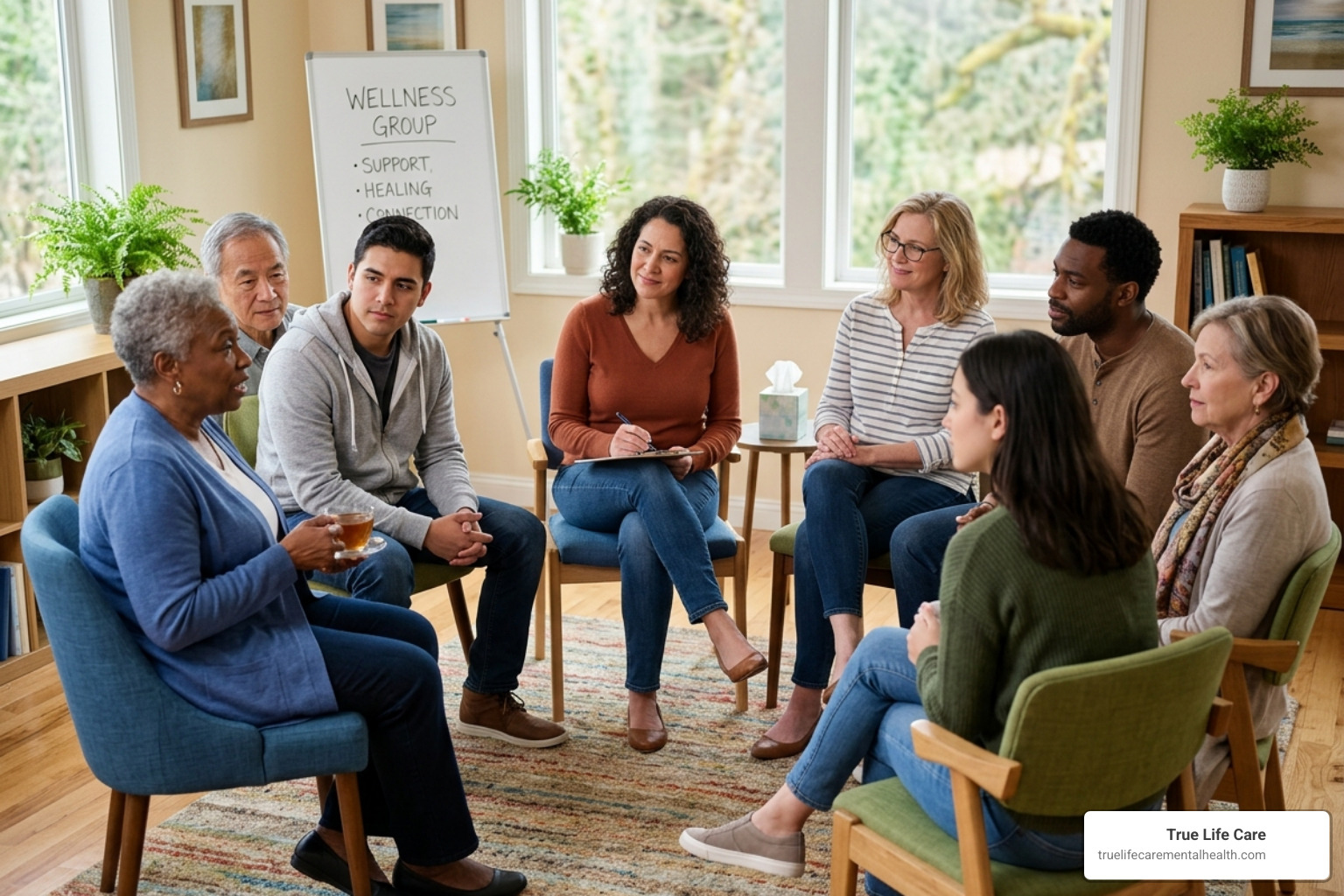 A group of people sitting in a circle during a supportive therapy session, focusing on healing and wellness - inpatient