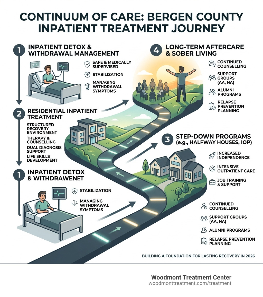 Continuum of care infographic from detox to aftercare for Bergen County inpatient treatment - bergen county inpatient