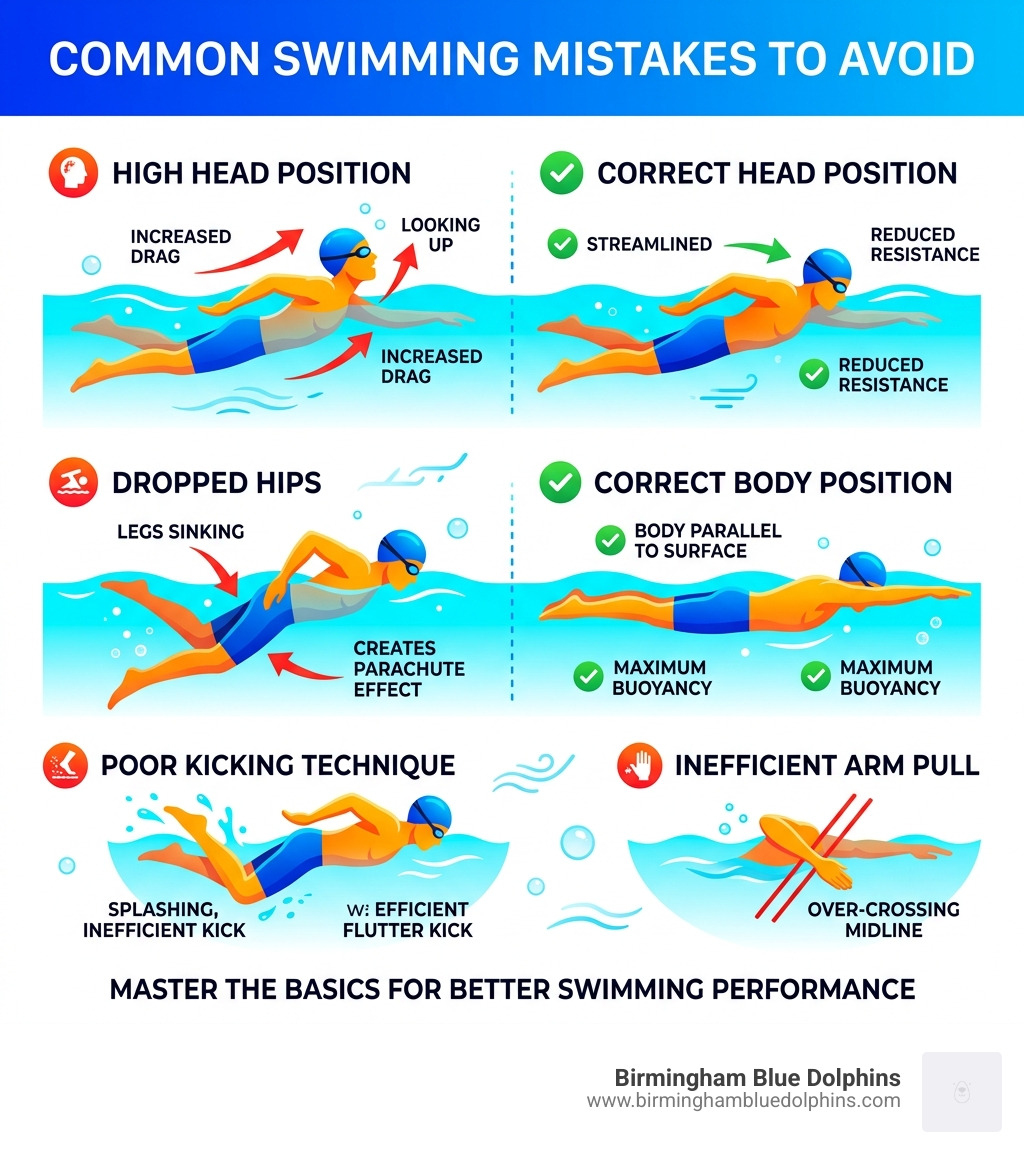 Infographic showing common swimming mistakes like dropped hips and high head position - different strokes for swimming Infographic showing common swimming mistakes like dropped hips and high head position - different strokes for swimming