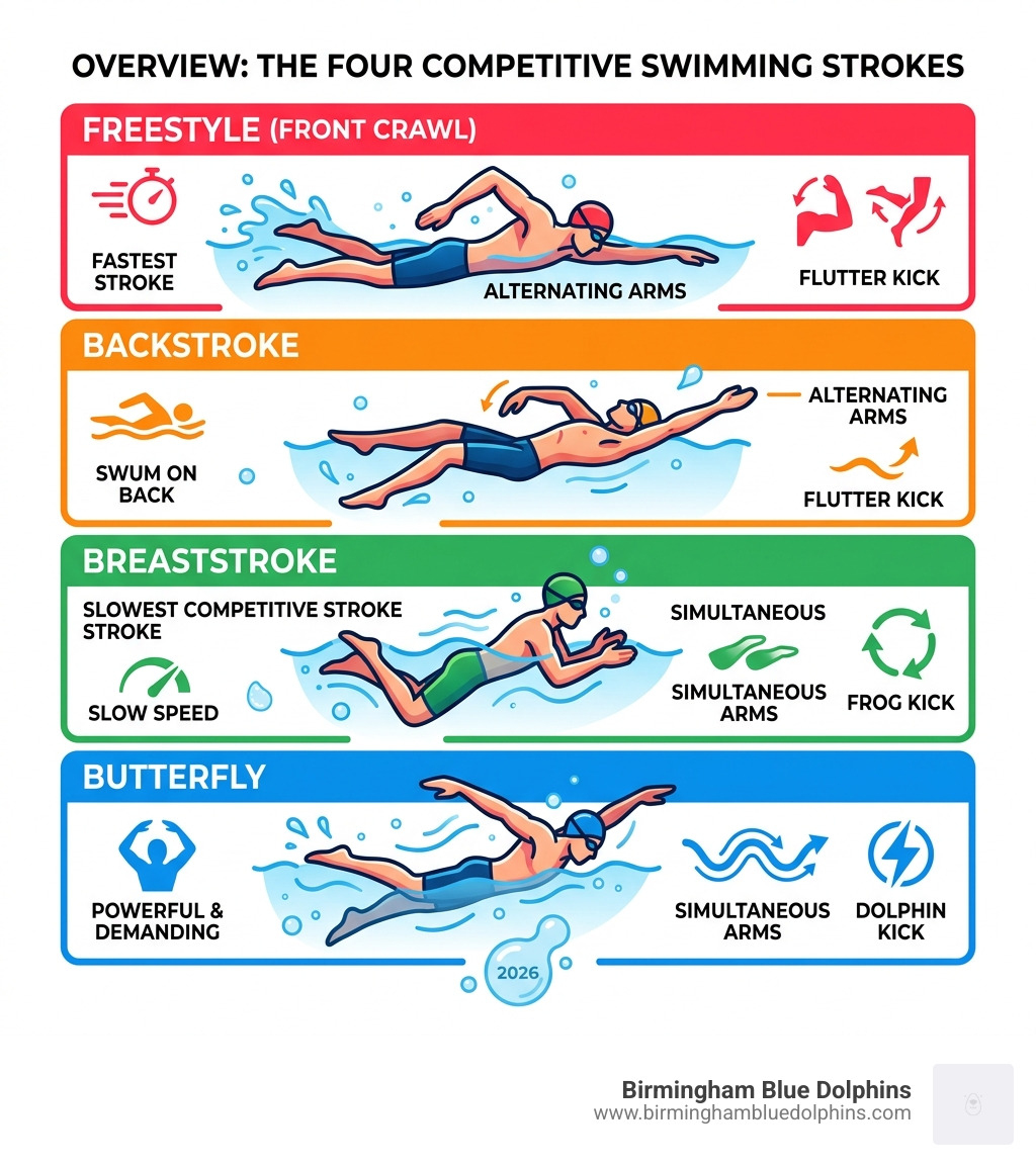 Overview infographic of the four competitive swimming strokes with key characteristics - different strokes for swimming Overview infographic of the four competitive swimming strokes with key characteristics - different strokes for swimming