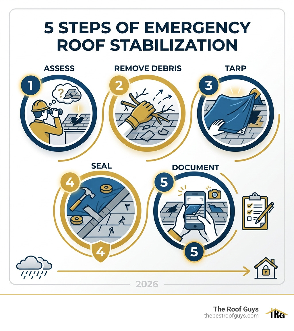 5 steps of emergency roof stabilization infographic: assess, remove debris, tarp, seal, document - 24 hour roof repair 5 steps of emergency roof stabilization infographic: assess, remove debris, tarp, seal, document - 24 hour roof repair