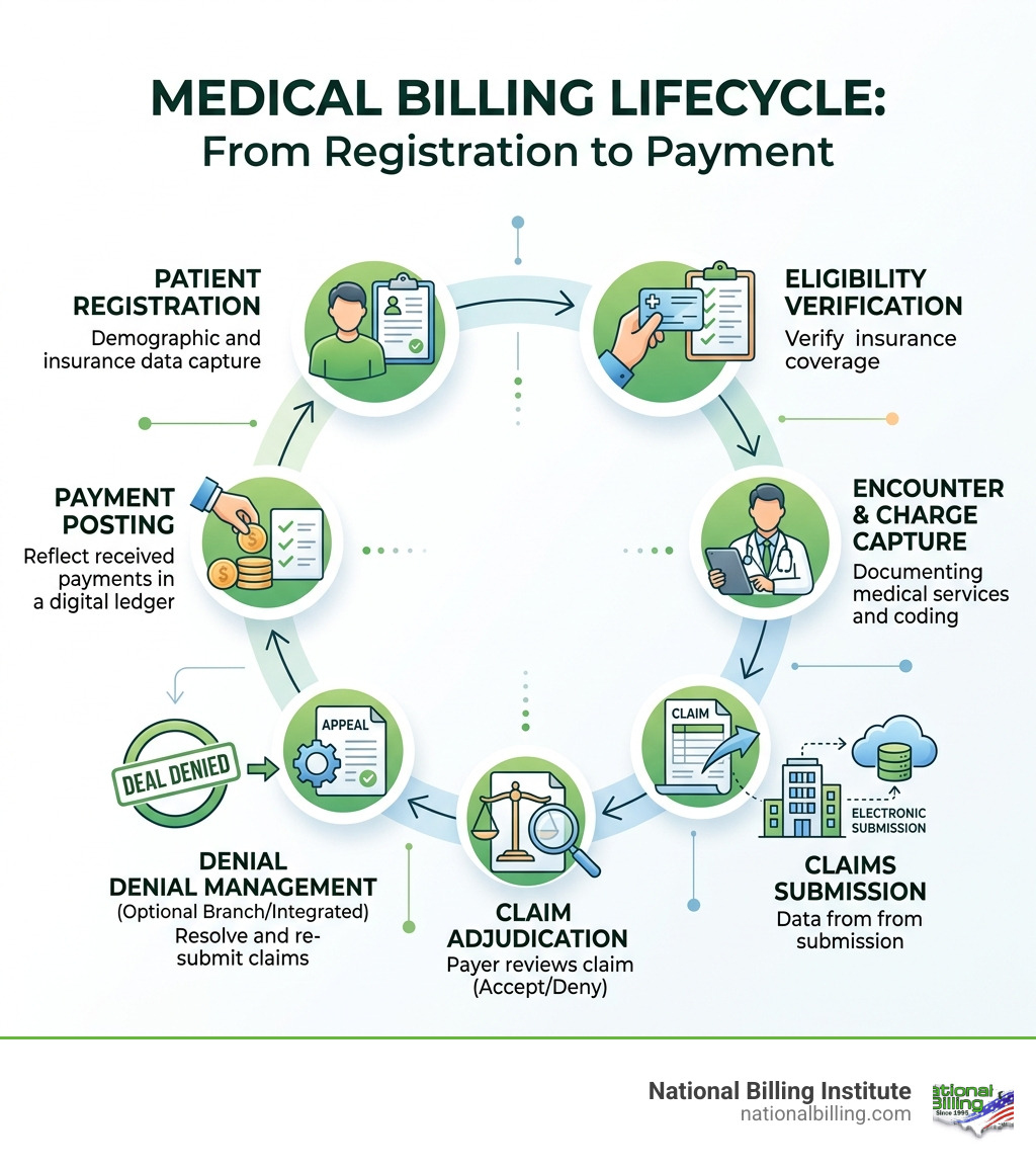 End-to-end medical billing lifecycle infographic from patient registration to payment posting - billing outsourcing services
