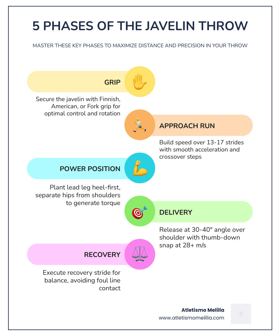 5 phases of the javelin throw: grip, approach run, power position, delivery, and recovery - Javelin throw training