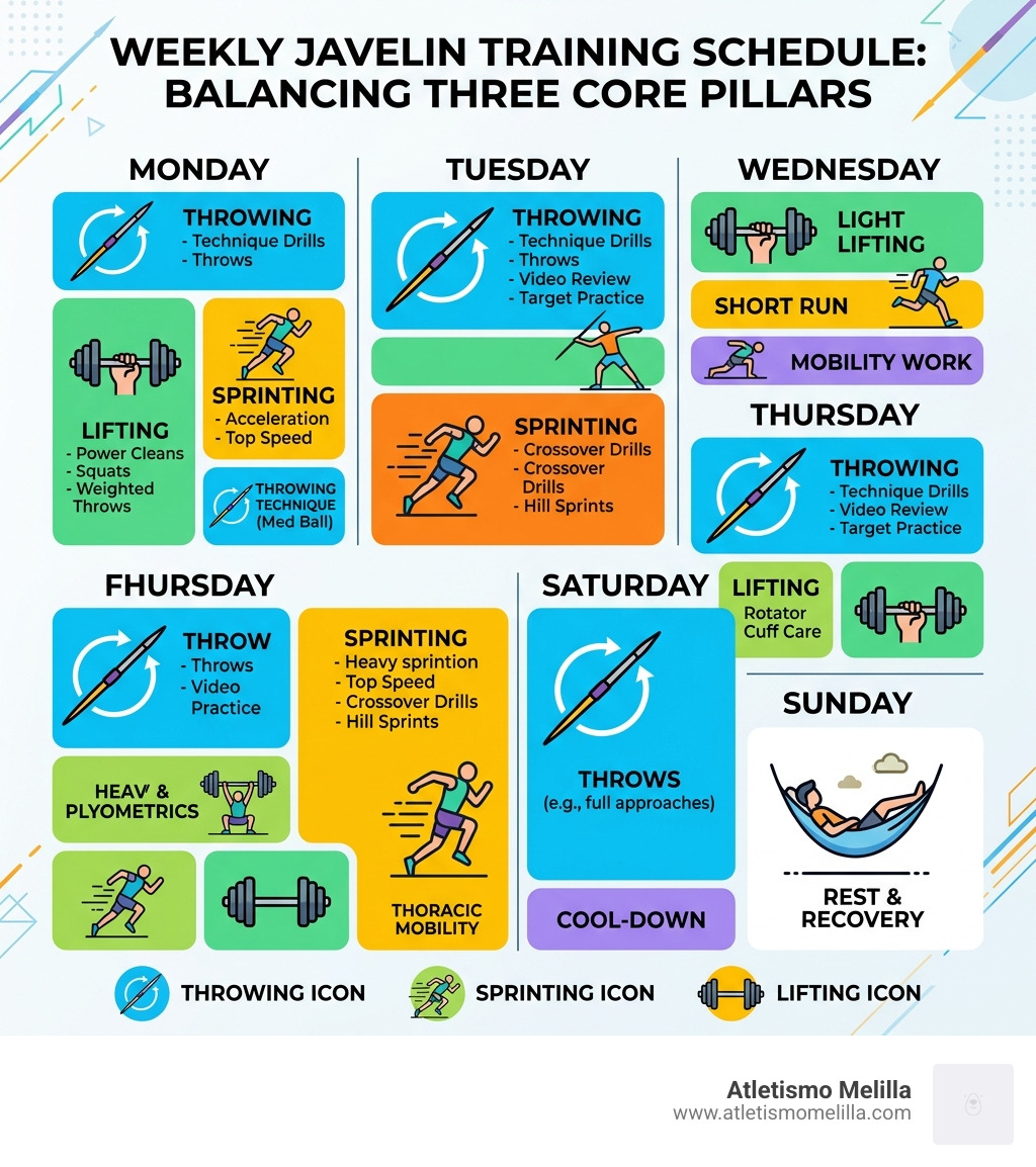 infographic showing a weekly javelin training schedule with a balance of throwing, sprinting, and lifting - Javelin throw