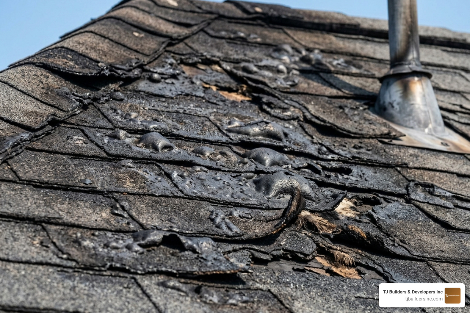 Heat-damaged asphalt shingles showing blistering and brittleness - fire restoration roofing services Heat-damaged asphalt shingles showing blistering and brittleness - fire restoration roofing services