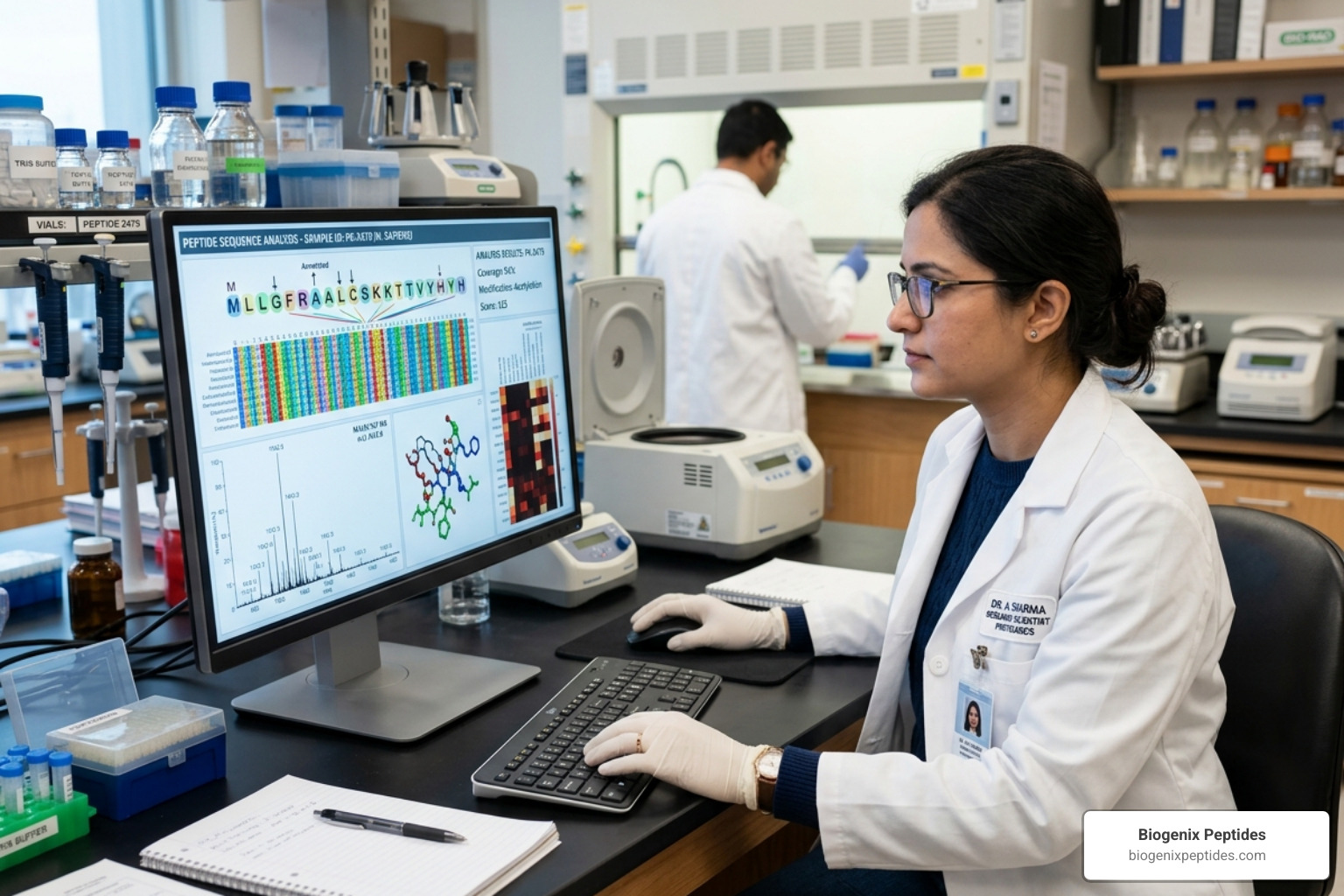 scientist analyzing peptide sequences on a computer screen - glp 1 peptide buy