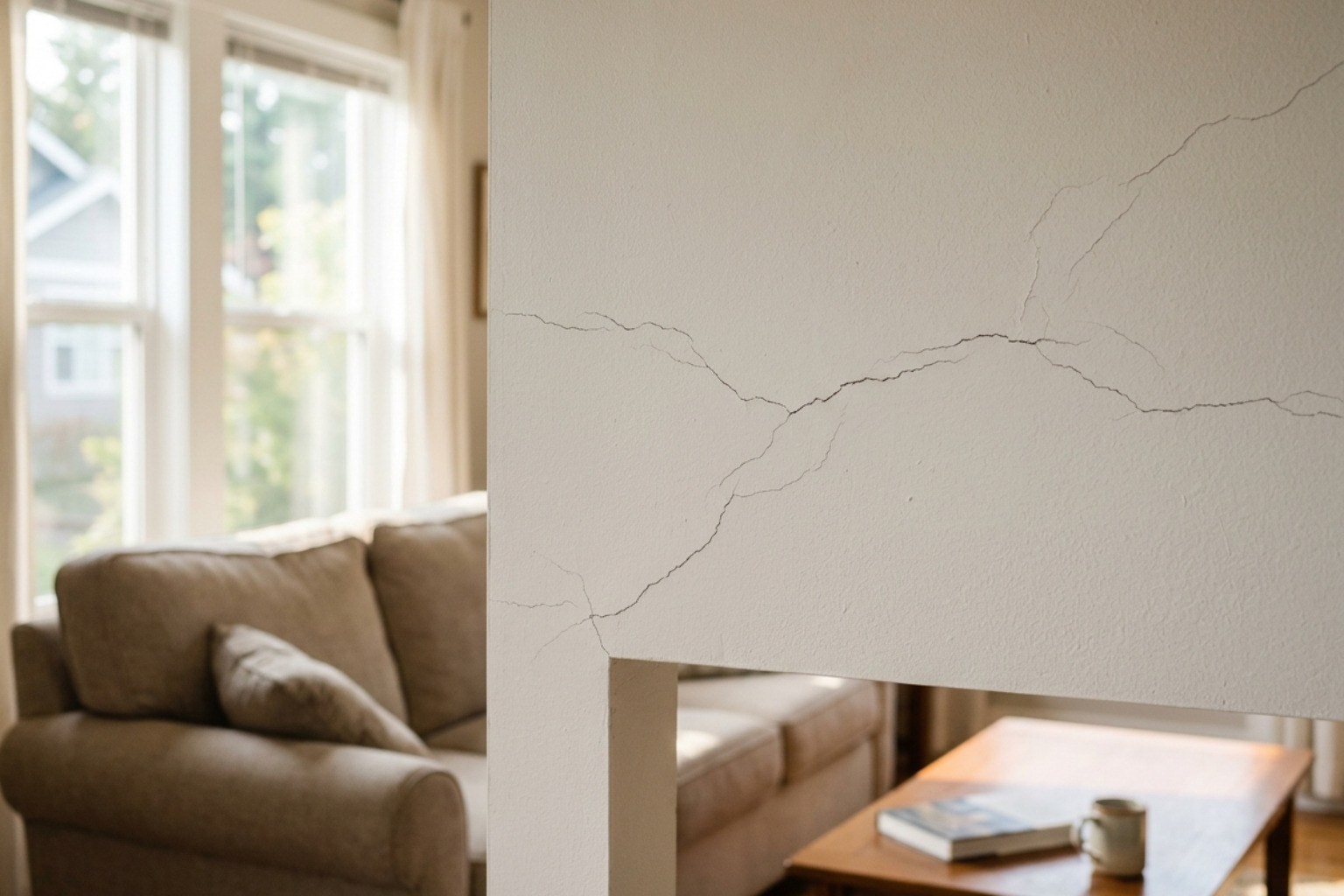 settling cracks in a residential living room and drywall repair Carmel homes