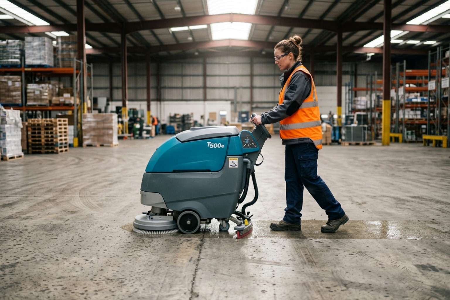 technician using an automatic floor scrubber on concrete - strip and wax concrete floors
