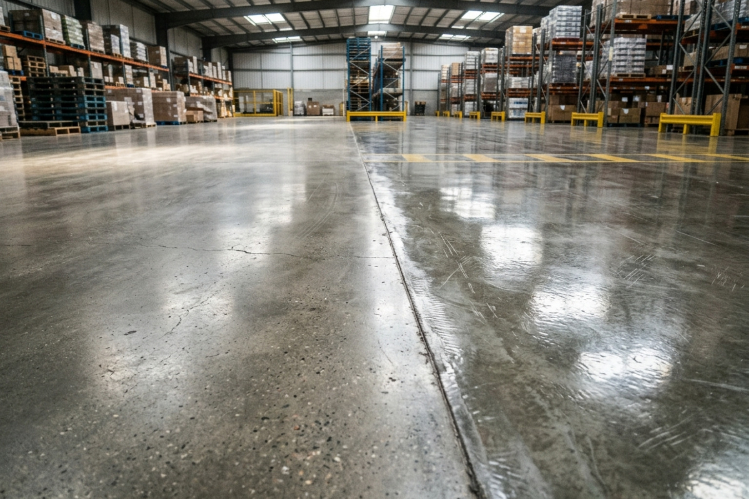 comparison of polished and waxed concrete floors in a warehouse - strip and wax concrete floors