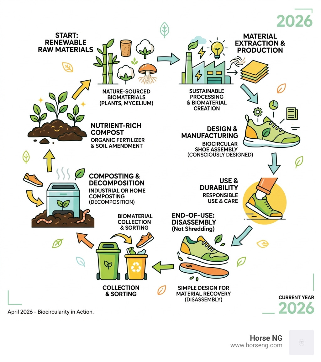 Lifecycle of a biocircular shoe from raw material to compost - eco friendly materials for shoes infographic 