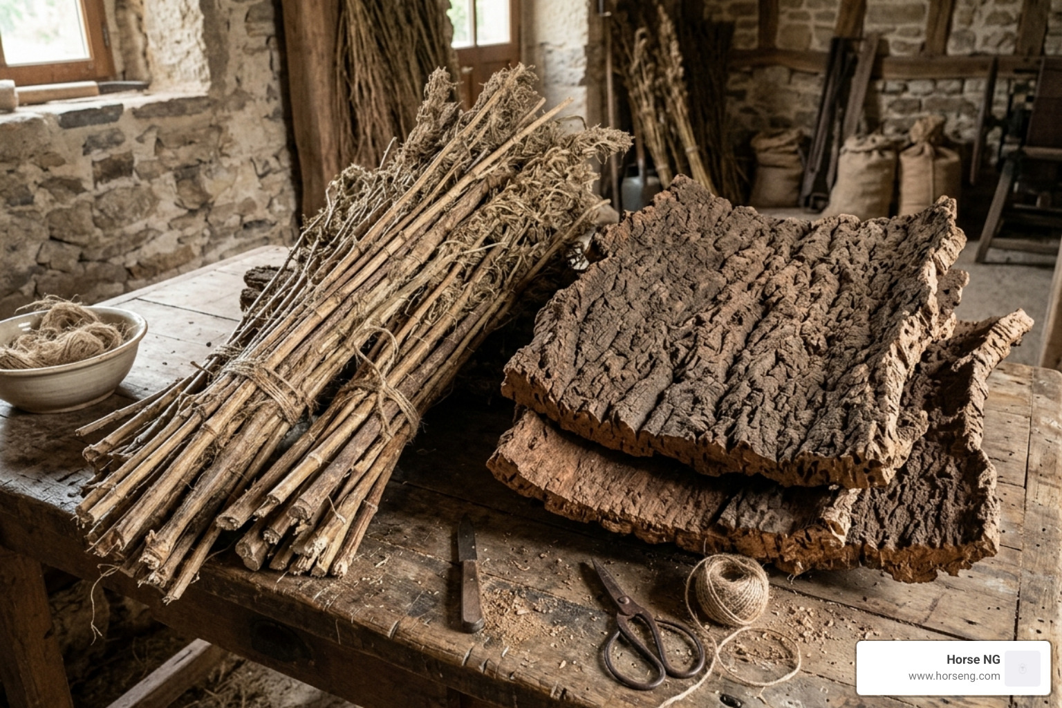 Raw hemp stalks and sheets of natural cork bark - eco friendly materials for shoes