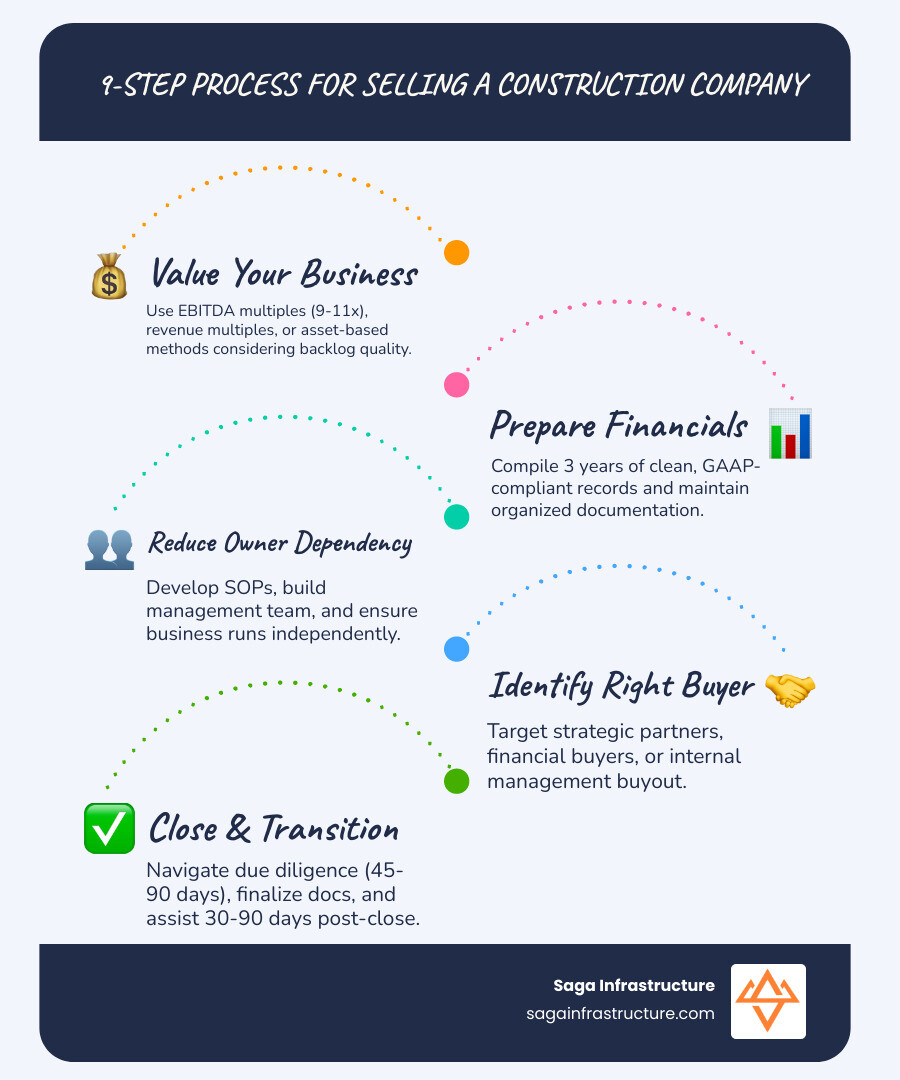 9-step process infographic for selling a construction company with timeline and key milestones - selling a construction