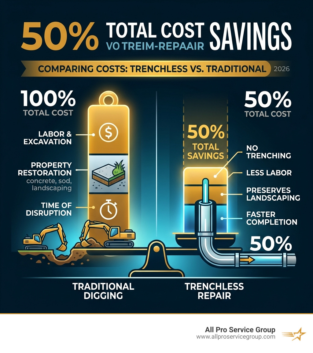 infographic showing 50 percent cost savings of trenchless vs traditional digging - trenchless pipe repair infographic 