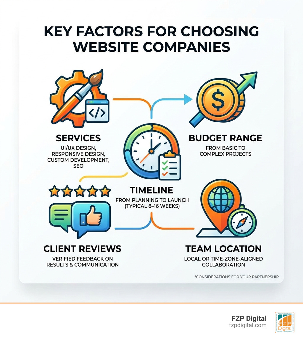 Infographic showing key factors for choosing website companies: services, budget, timeline, reviews, and location - website Infographic showing key factors for choosing website companies: services, budget, timeline, reviews, and location - website