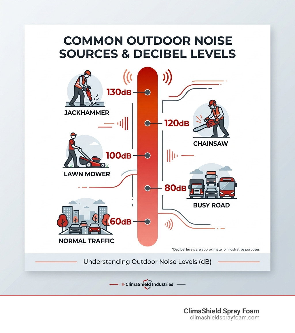 Infographic showing decibel levels of common outdoor noise sources from 60dB traffic to 130dB jackhammer - reduce outdoor Infographic showing decibel levels of common outdoor noise sources from 60dB traffic to 130dB jackhammer - reduce outdoor