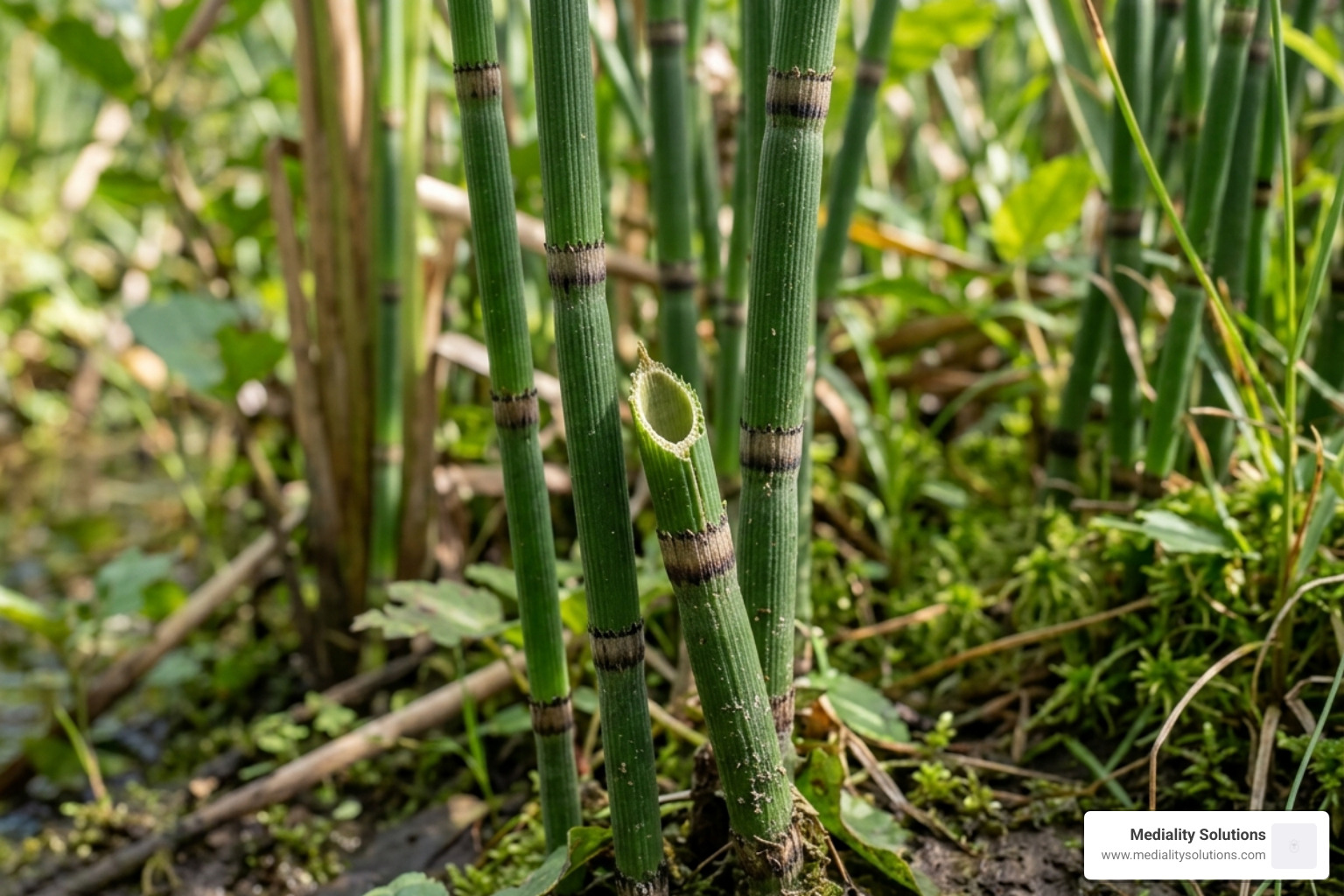 Close up of jointed stems of Equisetum hyemale - horsetail reed care