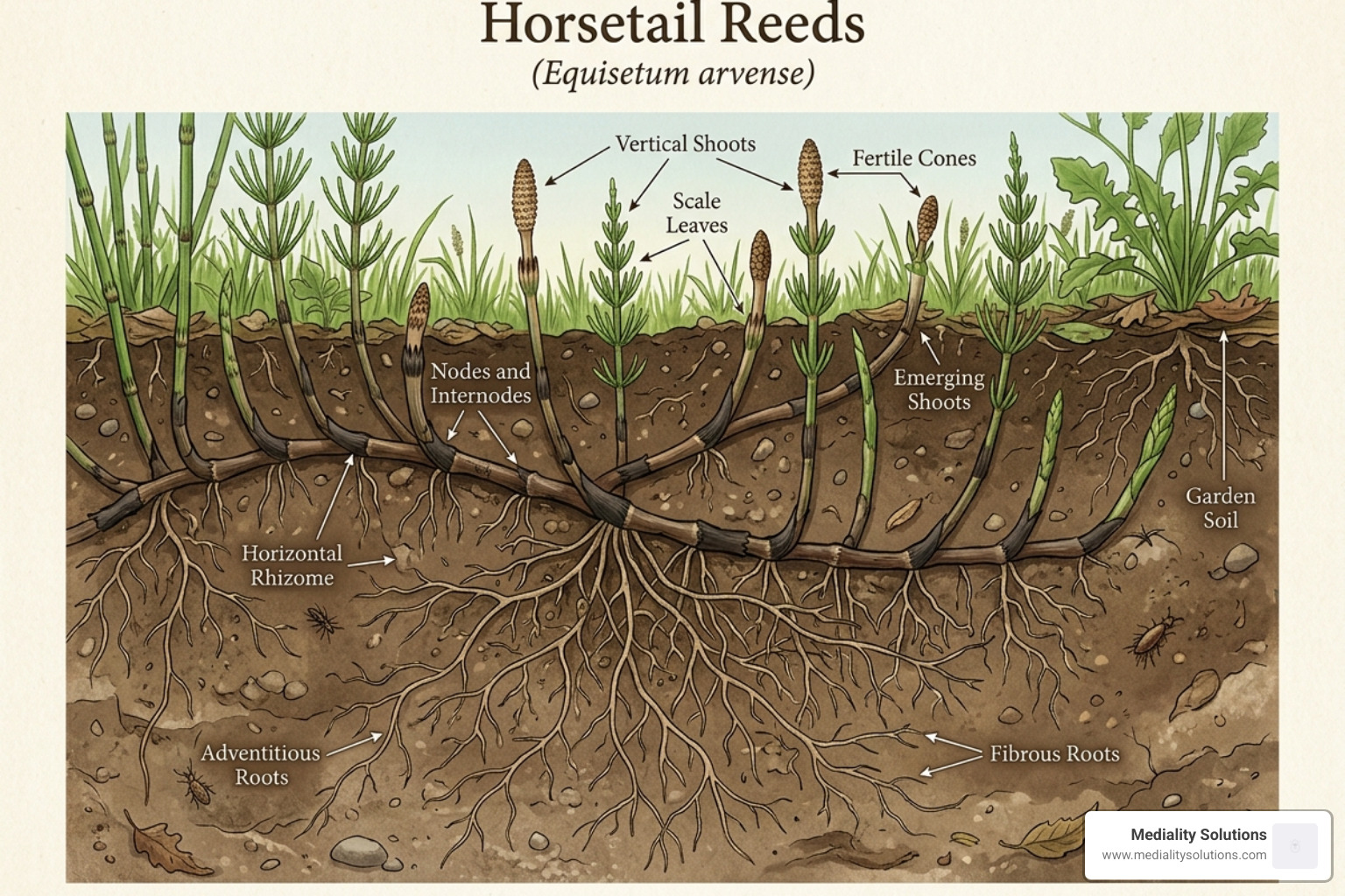 Illustration of underground rhizome structure and how it spreads - horsetail reed care