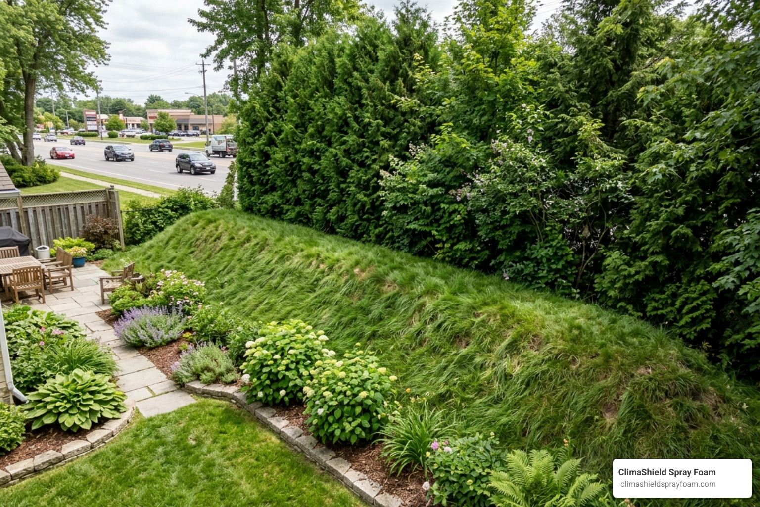 A multi-layered noise-reduction garden featuring berms and thick hedges - reduce outdoor noise A multi-layered noise-reduction garden featuring berms and thick hedges - reduce outdoor noise