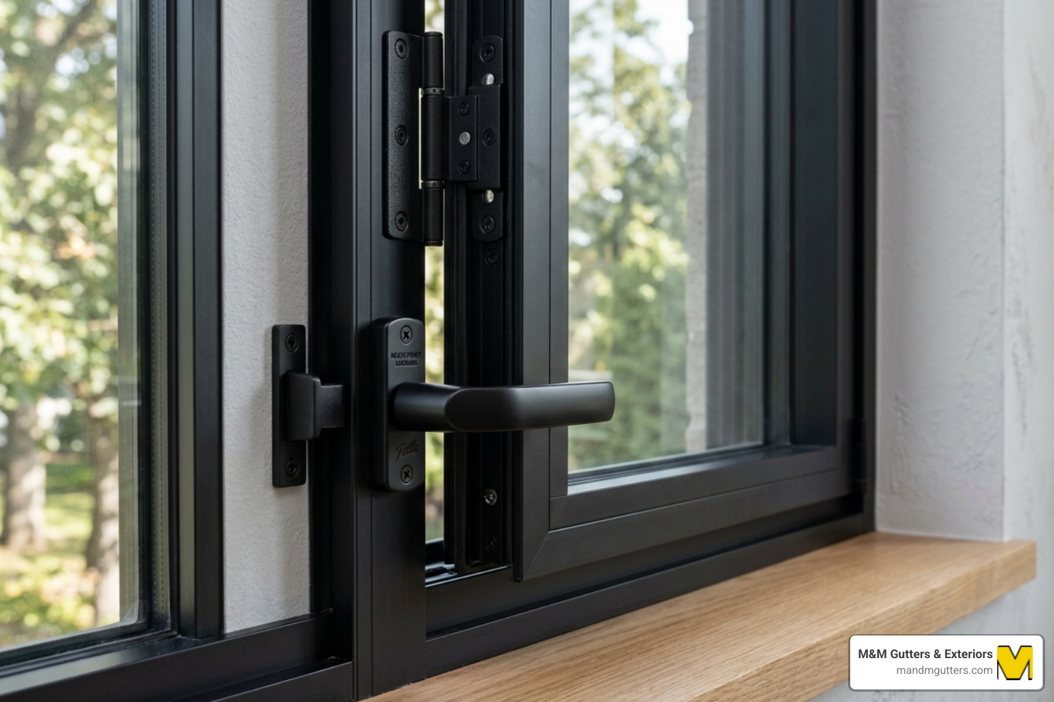 Close-up of black casement window hardware and sleek frame profiles - black frame window utah