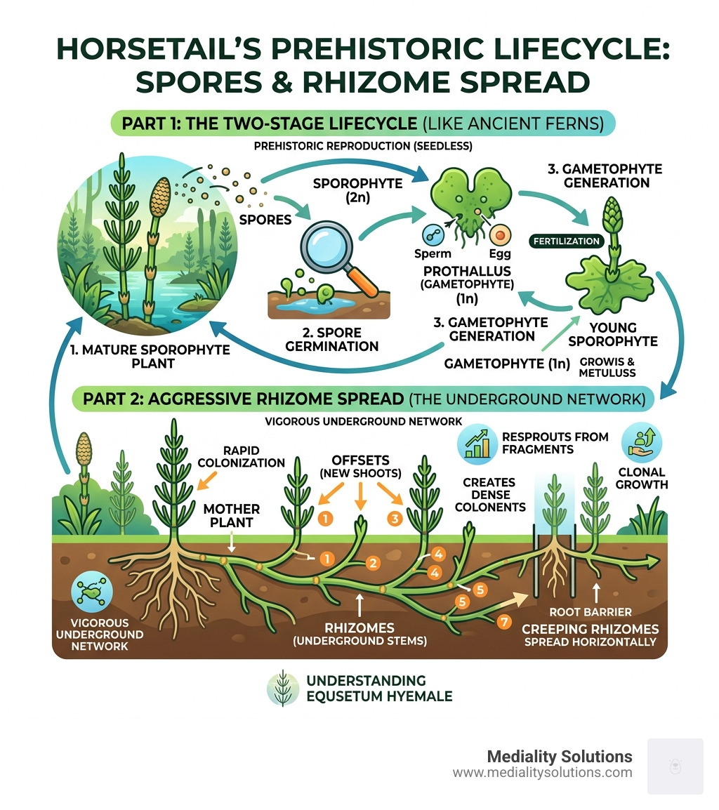 Infographic explaining the prehistoric lifecycle of horsetail spores and rhizome spread - horsetail reed care infographic 