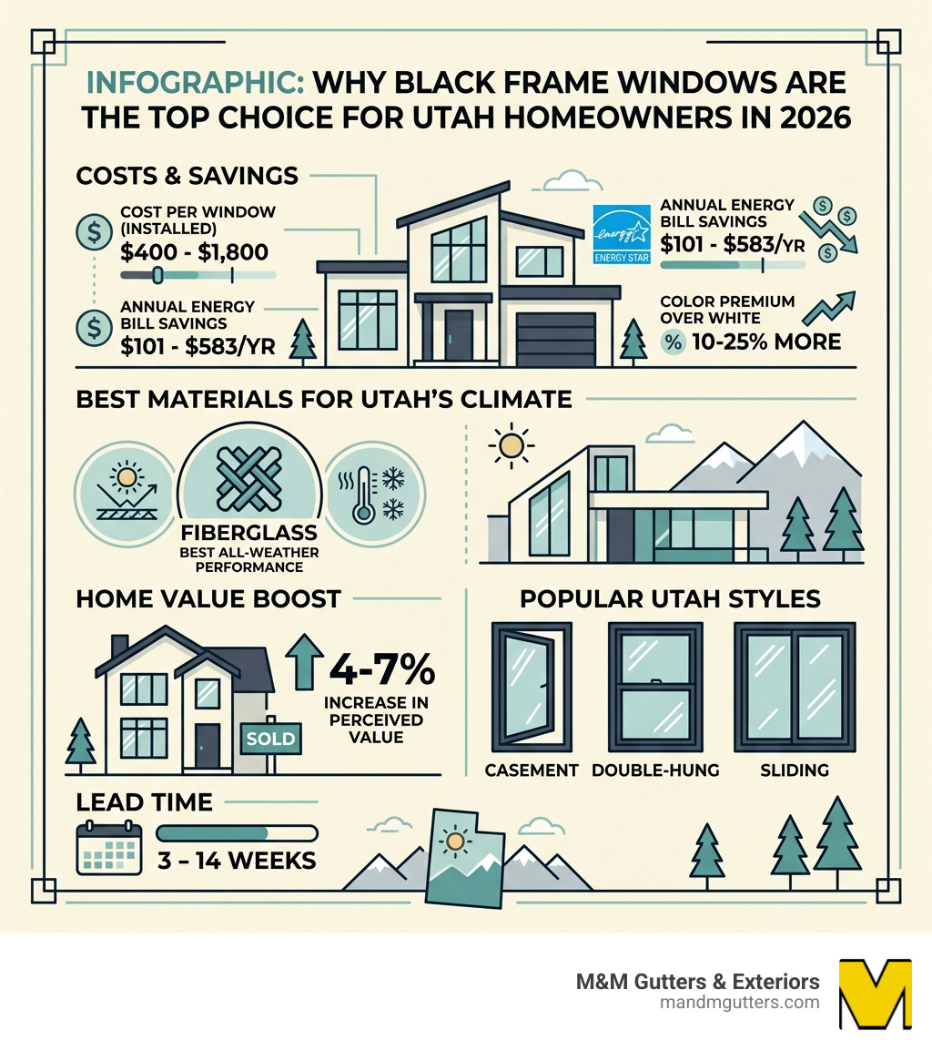Infographic: Why black frame windows are the top choice for Utah homeowners in 2026 - costs, materials, value boost - black