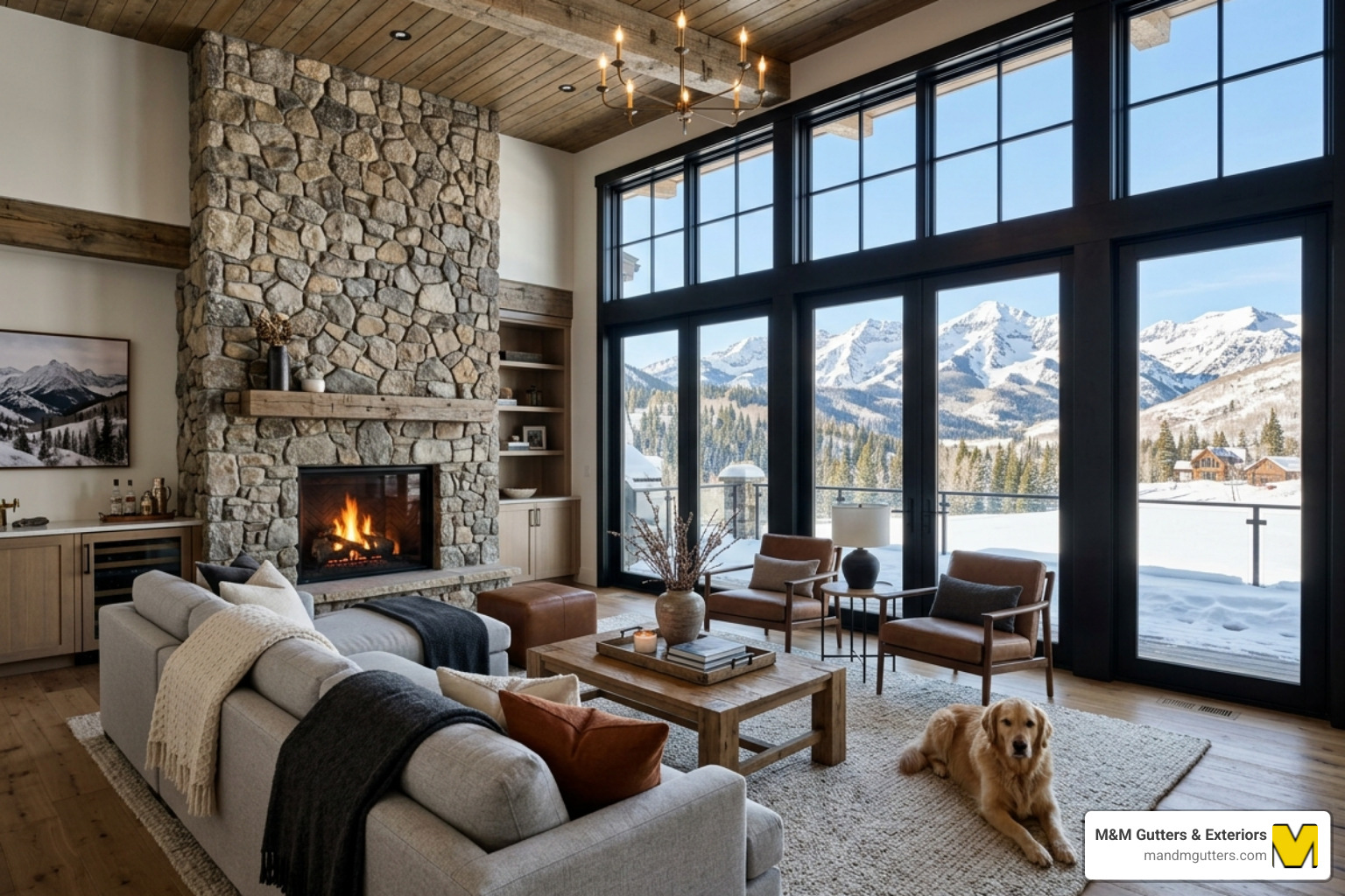 Interior view of a Park City home framing mountain views with black windows - black frame window utah
