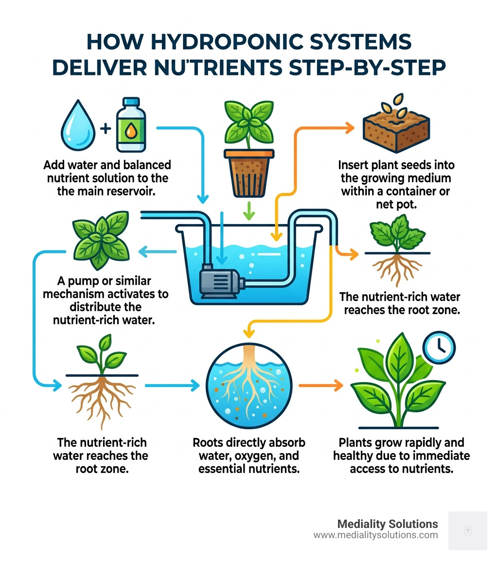 how hydroponic systems deliver nutrients directly to plant roots step-by-step - kitchen herb garden hydroponic infographic 