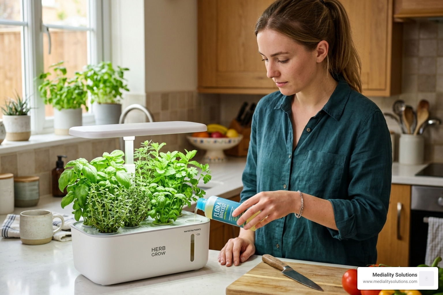 user adding liquid nutrients to a kitchen hydroponic reservoir - kitchen herb garden hydroponic