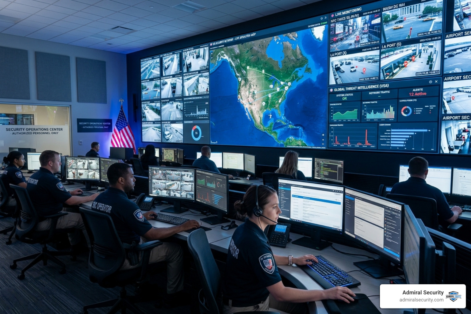 High tech security operations center with multiple monitors and data analytics - private security service