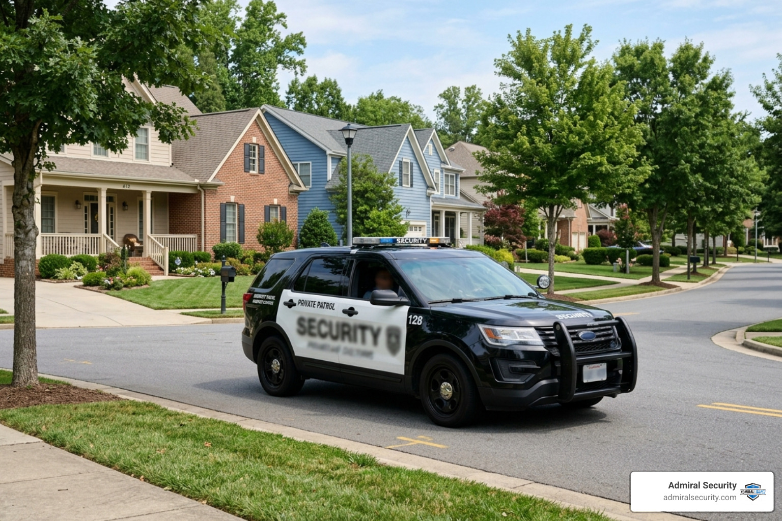 Security patrol vehicle with blurred markings driving through a residential neighborhood - private security service