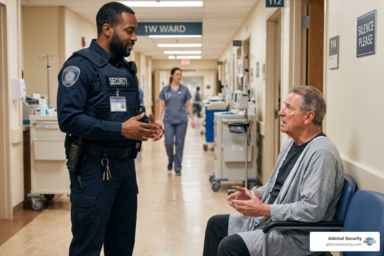 security officer performing verbal de-escalation with blurred badge - hospital security guards