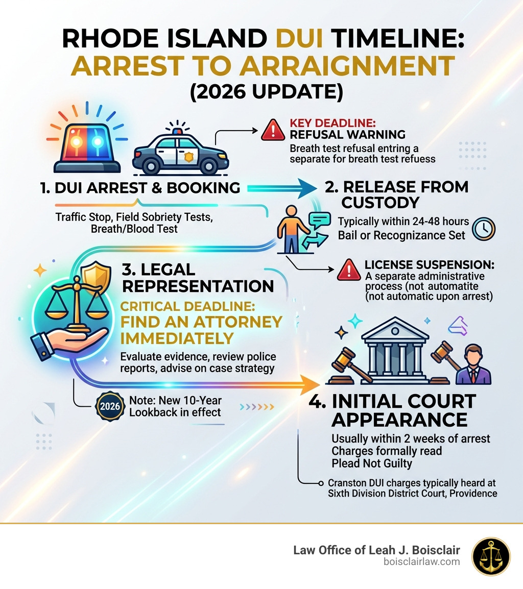 Timeline from DUI arrest to arraignment in Rhode Island with key steps and deadlines - cranston dui attorney infographic 