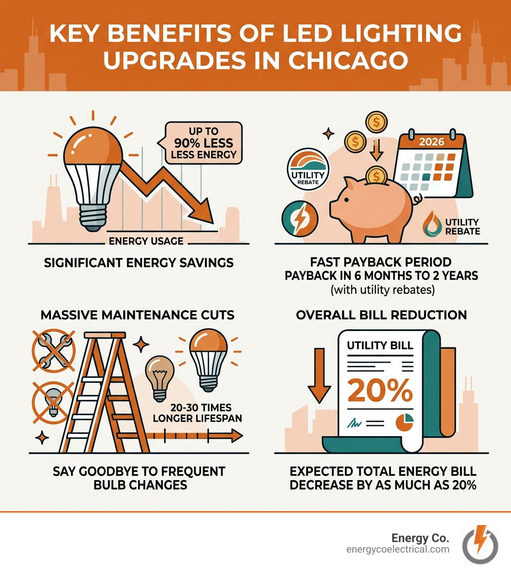 Key benefits of LED lighting upgrades in Chicago - LED lighting upgrade Chicago infographic 