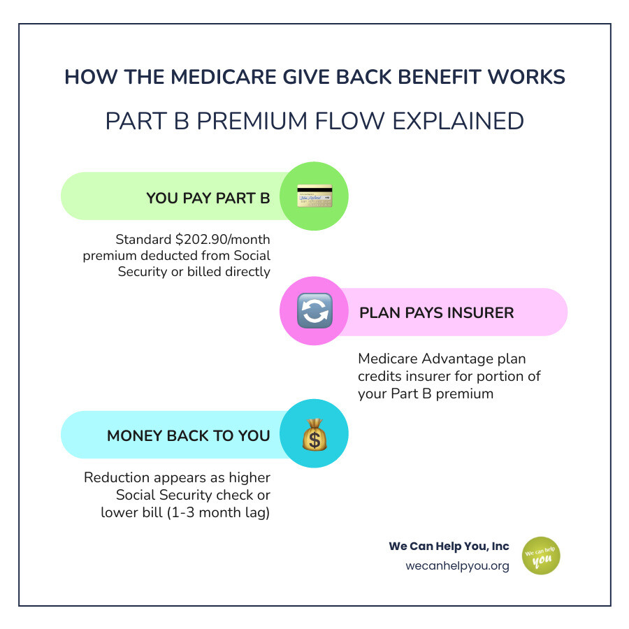 Infographic showing flow of Part B premium reduction from Medicare Advantage insurer to beneficiary via Social Security Infographic showing flow of Part B premium reduction from Medicare Advantage insurer to beneficiary via Social Security