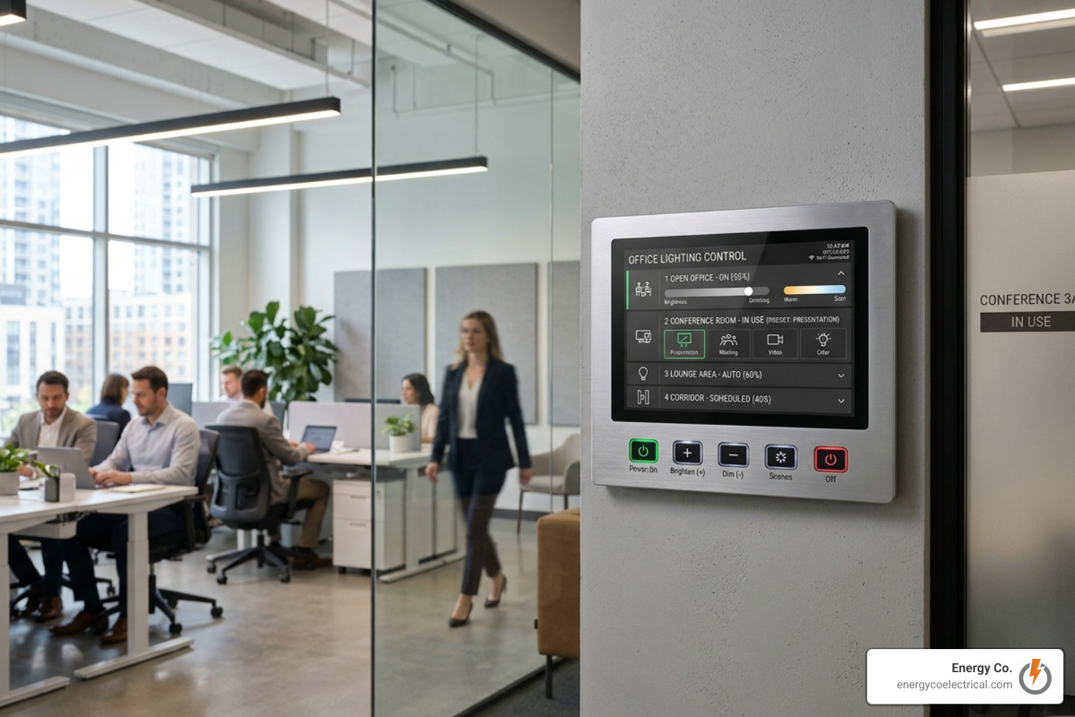 Smart lighting control panel in a modern Chicago office - LED lighting upgrade Chicago