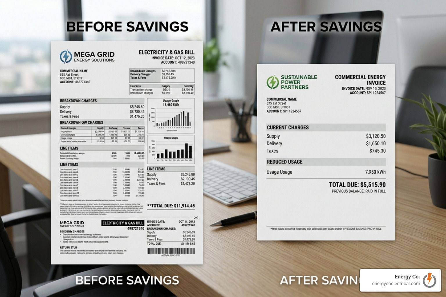 Commercial energy bill showing significant savings after LED retrofit - LED lighting upgrade Chicago