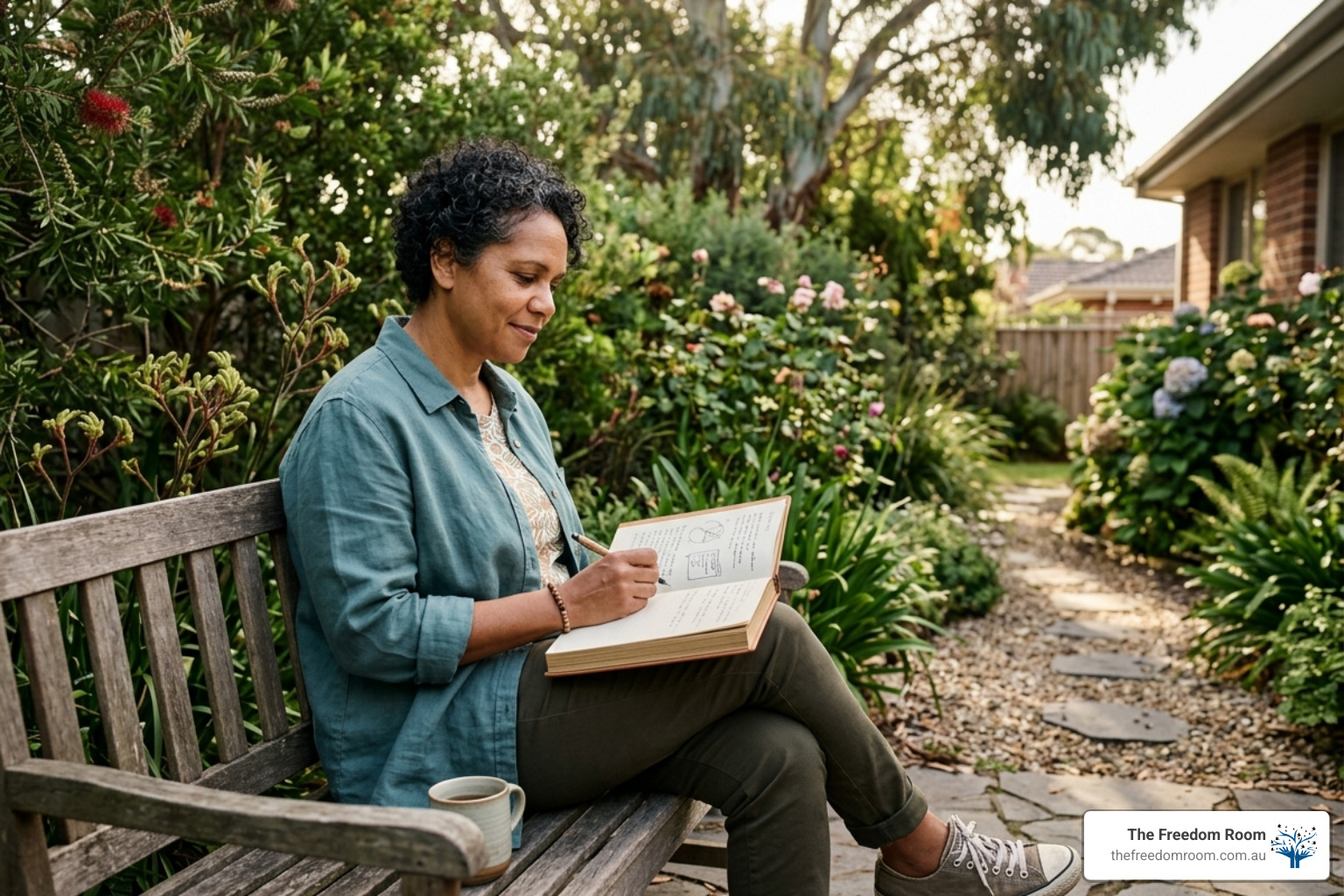 A woman peacefully journaling on a garden bench, illustrating mindfulness and self-reflection as effective strategies to stop drinking. A woman peacefully journaling on a garden bench, illustrating mindfulness and self-reflection as effective strategies to stop drinking.