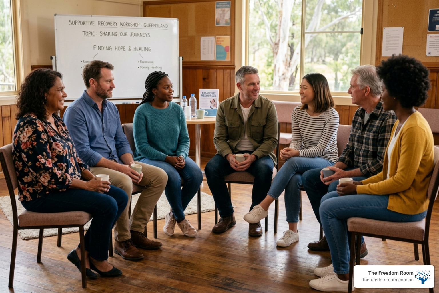 A diverse support group sitting in a circle for a recovery workshop, demonstrating community-based strategies to stop drinking. A diverse support group sitting in a circle for a recovery workshop, demonstrating community-based strategies to stop drinking.